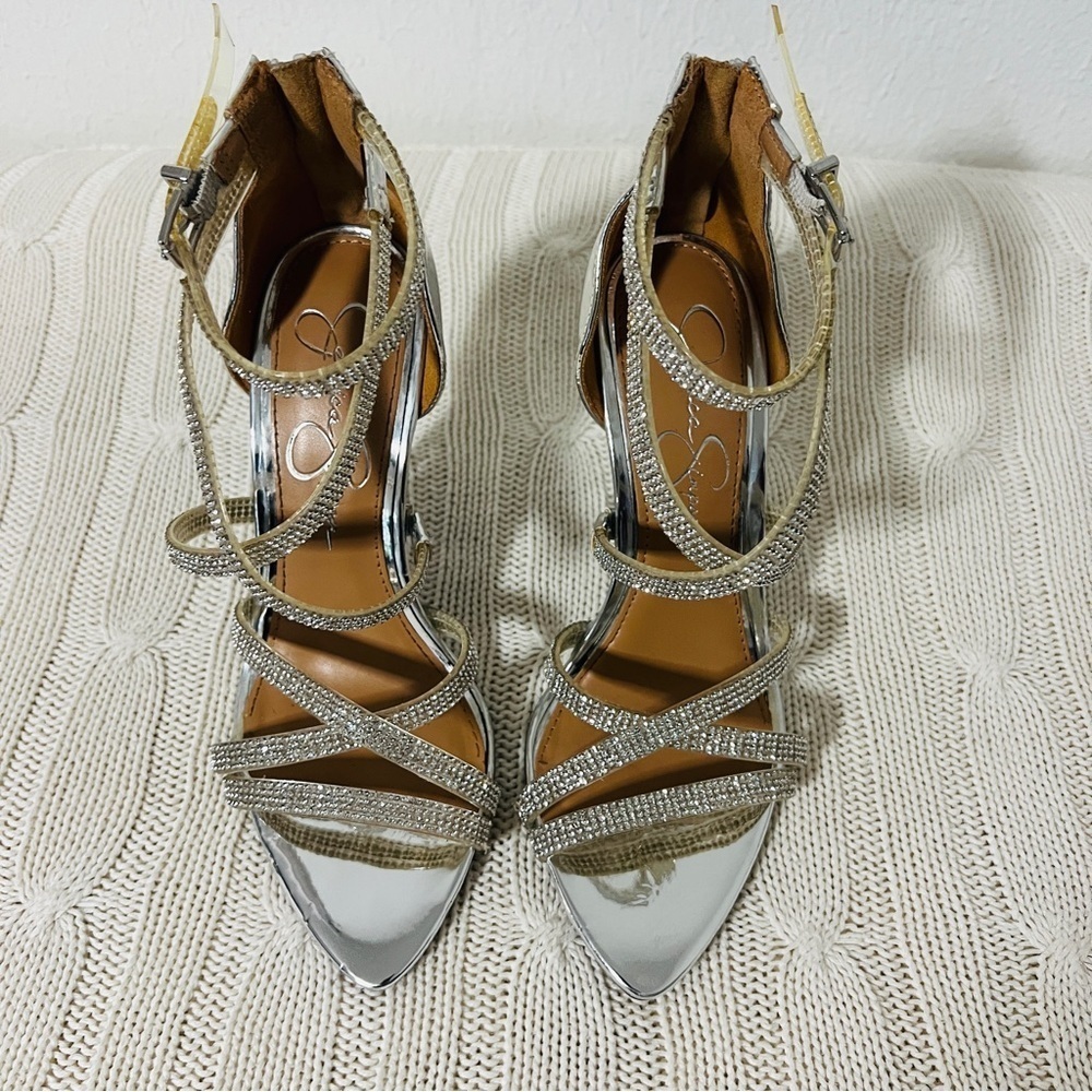Jessica Simpson Wylanne Women’s Size 6M Silver Rhinestones Strap Heels EUC - Picture 4 of 10
